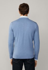 Maglione lavorato a maglia azzurro chiaro con maniche lunghe, scollo rotondo e orlo a coste. Texture liscia; indossato sopra una camicia bianca con colletto e righe blu.
