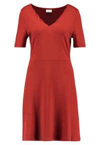 Krátký rukáv, šaty po kolena v červené barvě s vlnitým V výstřihem a přiléhavým pasem vyrobené z hladké tkaniny.