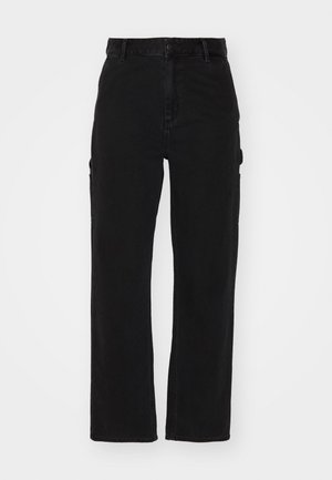 Pantalons cargo noirs en denim, avec une coupe droite, des poches latérales et une fermeture à bouton à la taille.