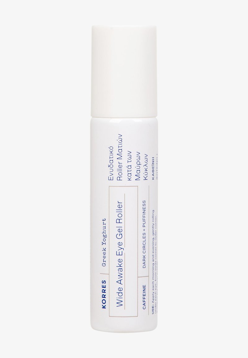 Kula żelowa Korres Wide Awake Eye Gel Roller z kofeiną, greckim jogurtem oraz instrukcją stosowania w walce z cieniami pod oczami i opuchlizną, biały cylindryczny pojemnik.