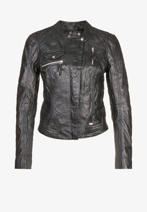 Black leather motorcycle jacket with a fitted cut, zipper pockets, a stand collar, and subtle wrinkled texture. Features hardware accents.