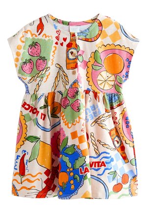 Robe colorée pour tout-petit avec illustrations de fruits et aliments, manches courtes, encolure ronde et devant boutonné dans un design ludique.