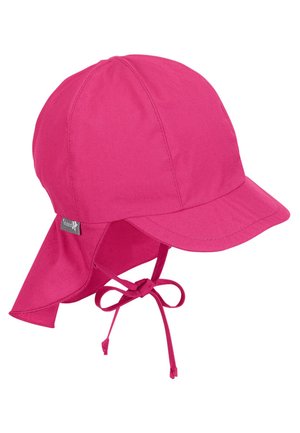 Pink sun hat with a rounded crown, wide brim, and neck flap. Made of lightweight fabric with a tie closure and side logo detail.