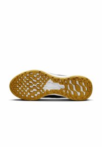 Semelle de chaussure de course noire avec un fond en caoutchouc gomme à motifs et des accents blancs, présentant une surface texturée pour une meilleure adhérence.