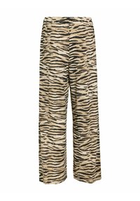Pantalons larges à rayures tigre en beige et noir. Fabriqués en tissu léger avec une taille élastique et une coupe décontractée.