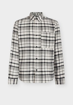 Button-up shirt in black and white plaid pattern; long sleeves, single chest pocket, and a classic collar, made of soft fabric.