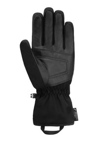 Schwarzer Winterhandschuh aus Leder und Stoff, mit fünf Fingern, einer strukturierten Handfläche und einem verstellbaren Handgelenkbund mit einer Schlaufenmarkierung.