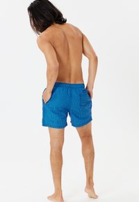 Blå randiga badshorts med elastisk midja, sidofickor och en bakficka. Tyget verkar vara lätt och ventilerande.