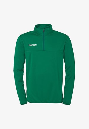 Groene zip-up sweatshirt van gladde stof, voorzien van een hoge kraag, lange mouwen en een wit "Kempa" logo op de bovenste linkerkant van de borst.