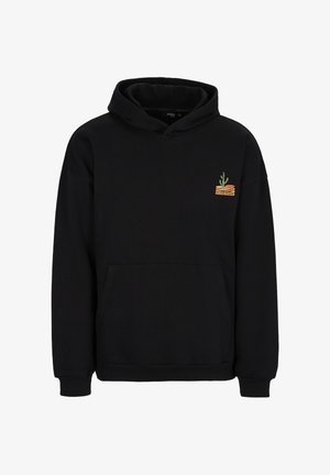 Black hoodie with a kangaroo pocket, featuring a small embroidered cactus design in green, yellow, and orange on the left chest.