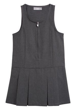 Sleeveless dark gray school pinafore dress with front zipper and heart-shaped pull, pleated skirt at the bottom.