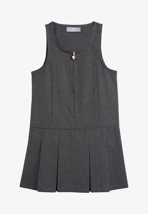 Robe tablier d'école gris foncé sans manches avec fermeture éclair à l'avant et tirette en forme de cœur, jupe plissée en bas.