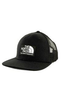 Gorra de béisbol negra con una parte frontal sólida, lados de malla y un parche de logo blanco que presenta "The North Face" y "Fine Alpine Equipment."