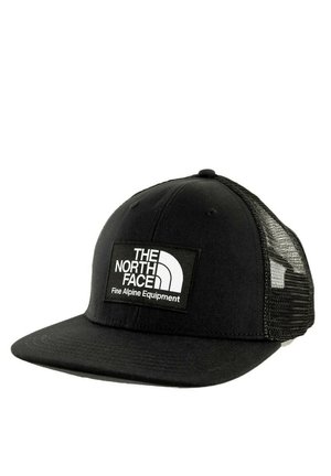 Czarna czapka baseballowa z solidnym przodem, siateczkowymi bokami i białą łatą z logo "The North Face" oraz "Fine Alpine Equipment."