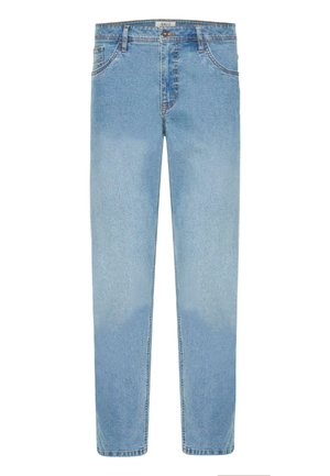 Light blue denim jeans with a straight-leg fit, five pockets, and visible stitching; soft texture and fading on the front.