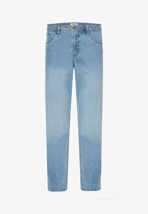 Light blue denim jeans with a straight-leg fit, five pockets, and visible stitching; soft texture and fading on the front.