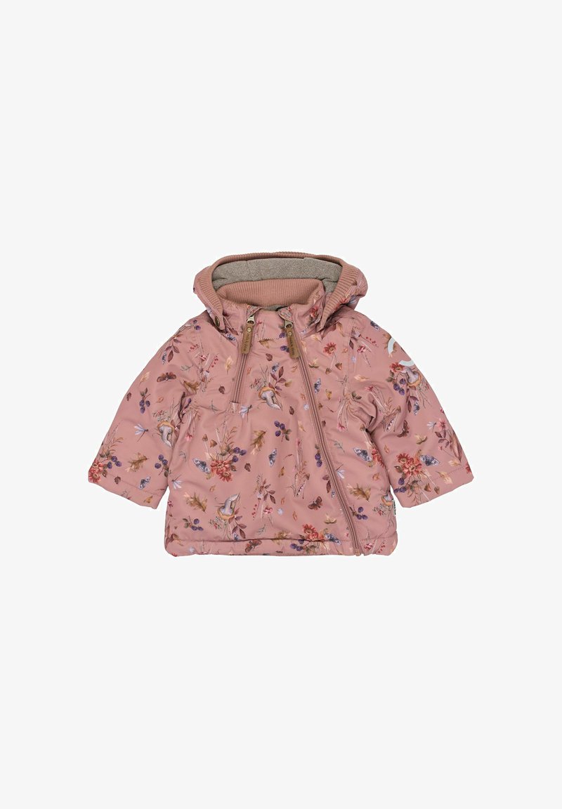 Roza otroška bunda s kapuco, okrašena s cvetličnim in ptičjim vzorcem, asimetričnim zadrgo in rebrastim ovratnikom na beli podlagi.