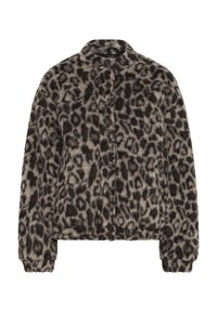 Veste en fausse fourrure à imprimé léopard avec un col rond, fermeture à boutons à l'avant, et des poignets et un ourlet élastiques. Texture douce et apparence chaleureuse.