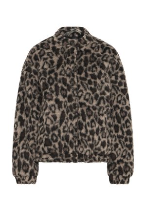 Jacka i leopardmönstrad fuskpäls med rund krage, framknäppning och elastiska ärmslut och fåll. Mjuk textur och varm framtoning.