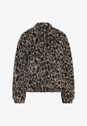 Leopardų rašto dirbtinio kailio striukė su apvaliu apykakle, priekyje užsegama mygtukais, su elastingais rankogaliais ir apatine briauna. Minkšta tekstūra ir šilta išvaizda.