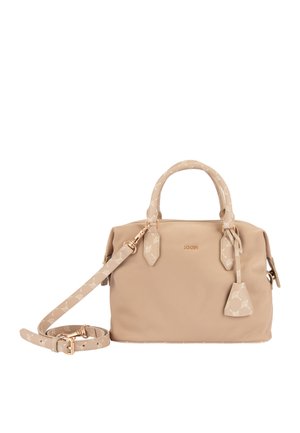 Borsa a mano in pelle beige con due manici e tracolla removibile, caratterizzata da dettagli sottili di motivo e ferramenta color oro.