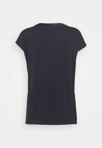 Marineblaues T-Shirt mit kurzen Ärmeln, rundem Halsausschnitt und glatter Stoffstruktur. Es hat eine lockere Passform und keine sichtbaren Verschlüsse.