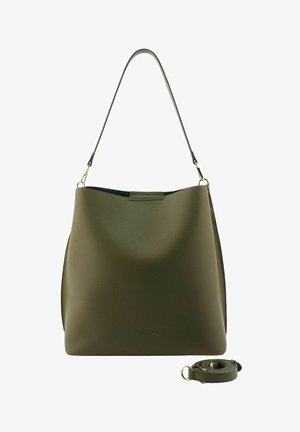 Sac à bandoulière en cuir vert olive avec une seule bandoulière attachée et une sangle bandoulière réglable amovible à côté.