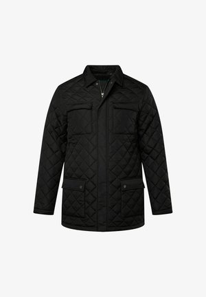 Musta tikattu takki, jossa on nepparilukko, kaksi rintataskua ja sivutaskut, sekä rakenteellinen kaulus ja suora helma.