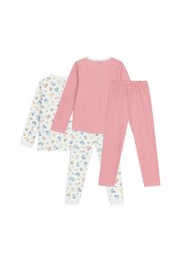 Set of children's pajamas includes a white top with floral print and striped red top, paired with matching striped and floral pants.