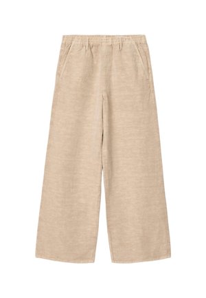 Beige weit geschnittene Hosen mit elastischem Bund, Seitentaschen und Gürtelschlaufen, aus leichtem Stoff gefertigt.