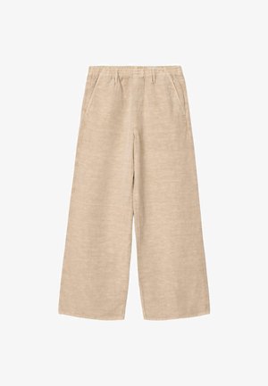 Beige weit geschnittene Hosen mit elastischem Bund, Seitentaschen und Gürtelschlaufen, aus leichtem Stoff gefertigt.