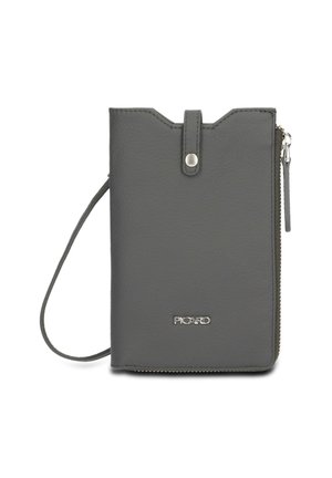 Gray vegan leather wallet with a zip closure, top snap, wrist strap, and logo detail. Features an angular cut design and smooth texture.