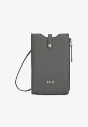 Gray vegan leather wallet with a zip closure, top snap, wrist strap, and logo detail. Features an angular cut design and smooth texture.