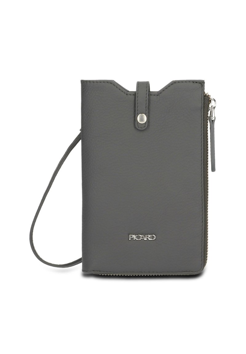 Gray vegan leather wallet with a zip closure, top snap, wrist strap, and logo detail. Features an angular cut design and smooth texture.