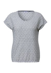 Witte T-shirt met korte mouwen en een V-hals, voorzien van zwarte golvende horizontale strepen. Gemaakt van zachte stof, met een losse pasvorm. Geen zichtbare hardware.