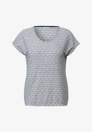 T-shirt bianco a maniche corte con scollatura a V, caratterizzato da strisce ondulate orizzontali nere. Realizzato in tessuto morbido, con una vestibilità rilassata. Senza hardware visibile.