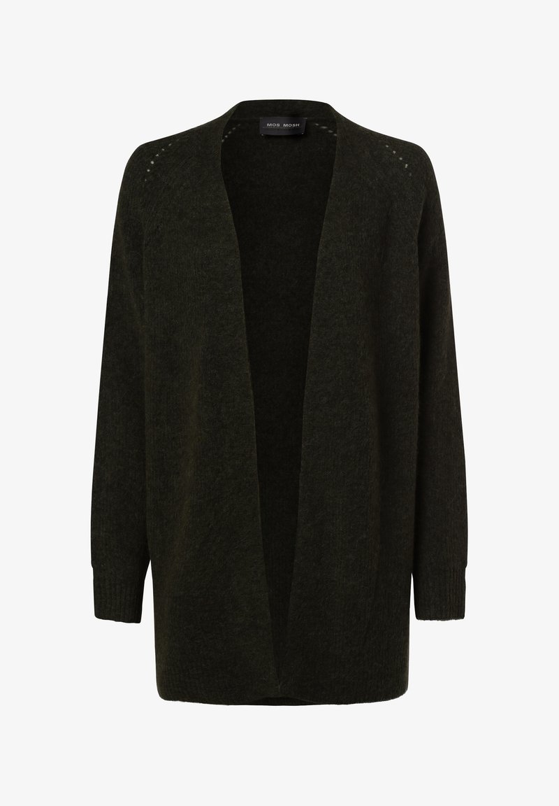 Cardigan vert foncé à ouverture frontale, manches longues, poignets côtelés et texture en tricot doux, étiqueté MOS MOSH à l'intérieur du col.