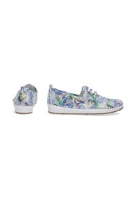 Blumenmuster-Schuhe haben ein mehrfarbiges Obermaterial aus Canvas in Blau-, Grün- und Lilatönen. Gummisohle mit minimalem Profil.