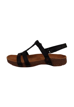 Black sandal with three wide straps, adjustable heel strap, cork-like sole, tan insole, and minimal stitching details.