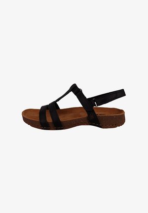 Sorte sandaler med tre brede remme, justerbar hælrem, kork-lignende sål, tan farvet indersål og minimale synlige detaljer.