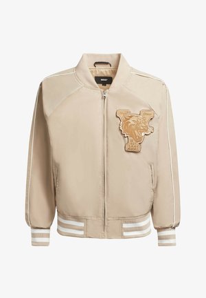 Bežinis bomber tipo švarkas su elastinėmis rankogaliais, dekoruotas bronziniu siuvinėtu panteros užtrauktuku ir baltais šonų juostelėmis. Lygus audinys, su užtrauktuku.