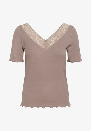 Kurzärmliges, V-Ausschnitt-Top in hellem Taupe. Verfügt über eine Spitzenborte entlang des Ausschnitts und gewellte Kanten. Rippenstruktur im gesamten Material.