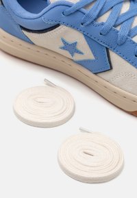 Tenis blue și gri cu un superior din suede și piele, având o talpă exterioară albă și două șireturi plate albe lângă el.