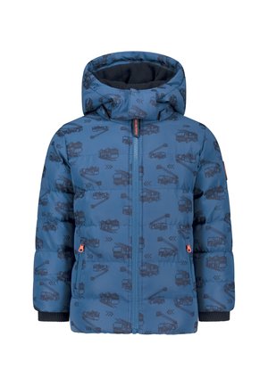 Blaues Puffermantel mit schwarzem Truck-Muster, Kapuze, Vorderreißverschluss und orangefarbenen Akzenten. Verfügt über gerippte Bündchen und ein gestepptes Design zur Isolierung.