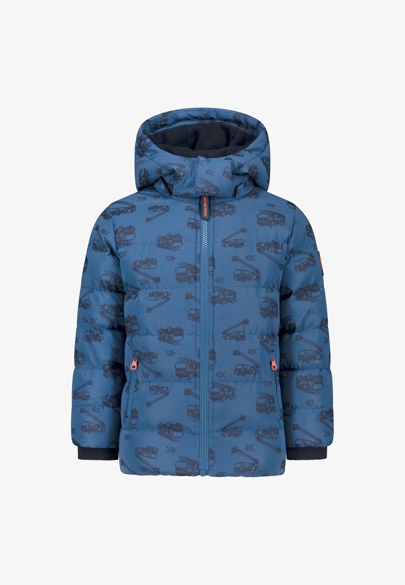 Blaues Puffermantel mit schwarzem Truck-Muster, Kapuze, Vorderreißverschluss und orangefarbenen Akzenten. Verfügt über gerippte Bündchen und ein gestepptes Design zur Isolierung.