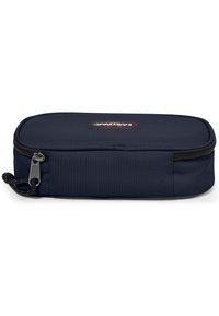 Navy blue rectangular pouch made of durable fabric, featuring a front label, zipper closure, and a textured surface. Compact design for storage.