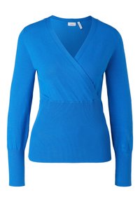 Pull enveloppant bleu en tricot à manches longues avec ourlet et poignets côtelés, encolure en V et taille ajustée.
