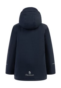 Kék, vízálló dzseki kapucnival, sima felülettel, bal alsó részen logóval, egyszínű ujjaival, további minták nélkül.