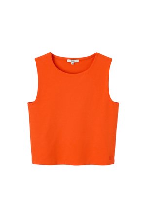 Top court sans manches orange vif avec col rond, taille petite, en tissu lisse.