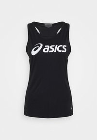 Czarny bezrękawnik sportowy z białym logo ASICS umieszczonym na środku klatki piersiowej oraz małym logo blisko dolnego hemu.